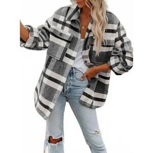 NEW LOVESOFT women's plaid button flannel shacket in black white grey